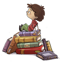 Sticker - niño con muchos libros