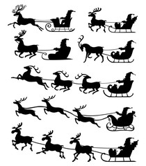 Sticker - Christmas silhouette Santa Claus riding on reindeer sleigh set i