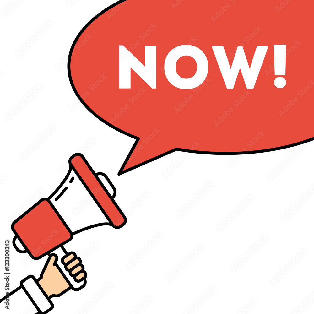 Go now concept. Hand with megaphone on whitebackground with speech ...