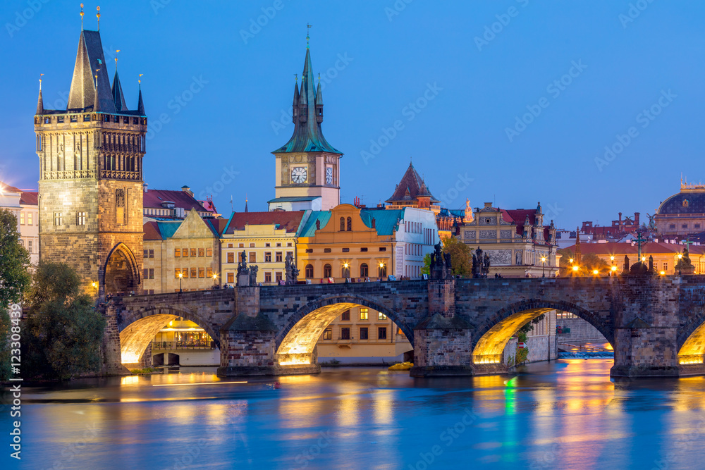 Famous Prague Landmarks - towers and bridge at night - obrazy, fototapety, plakaty 