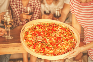 Wall Mural - Delicious big pizza on tray, closeup