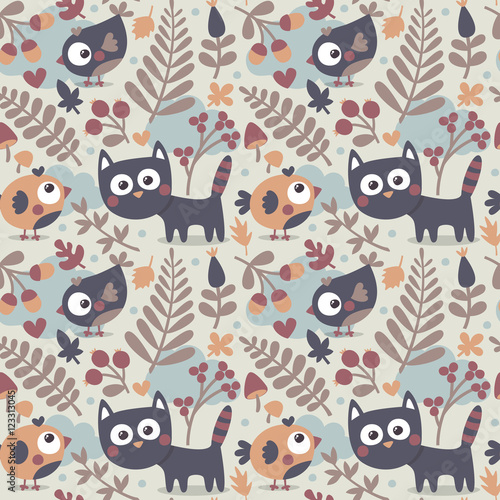 Obraz w ramie Seamless cute animal autumn pattern made with cat, bird, flower, plant, leaf, berry, heart, friend, floral nature acorn mushroom hello kitten