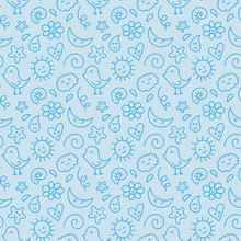 Kids Hand Drawn Seamless Pattern With Doodle Animals. Baby Pattern, Blue Children Pattern. Cute Sketch Characters. Cartoon Style.