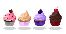 Cupcakes Icon Set. Strawberry, Creme Brulee Coffee, Blackberry, Dark Chocolate Taste. Decorated With Heart-shaped , , Cherry. Pink, Brown, Purple Color. Vector Illustration.