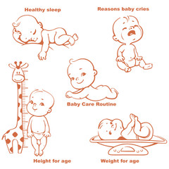 Wall Mural - set of monochrome vector illustrations with cute little babies.