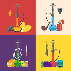 Sticker - Hookah Sign Set Flat Design Style. Vector