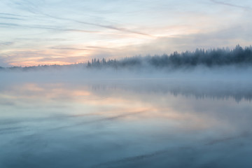 Wall Mural - lake sunrise fog reflection