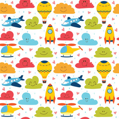 Wall Mural - Cute children seamless pattern with plane, helicopter, hot air b