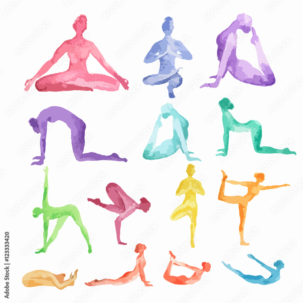 Watercolor yoga set on white background. Yoga poses, asana. Healthy lifestyle and relaxation. - obrazy, fototapety, plakaty 