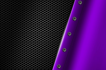 purple metal background with rivet on gray metallic mesh.