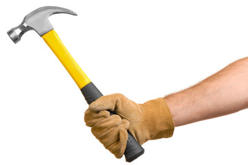 Man's arm and hand construction worker carpenter building contractor swinging holding hammer isolated on white background