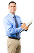 © Eric Hood - Cheerful casual dress male man businessman in shirt and tie writing on clipboard isolated on white background