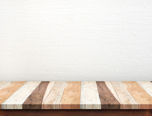 Wall Mural - empty tropical wood table top with white concrete wall,mock up f