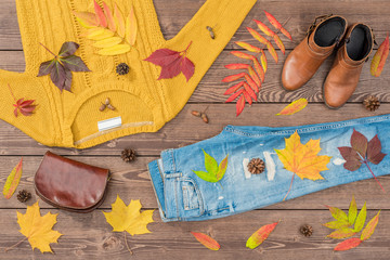 Wall Mural - Women's autumn outfit on wooden background