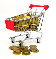 Golden coin in shopping cart on white background