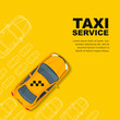 Taxi service concept. Vector yellow banner, poster or flyer background template. Taxi yellow cab and outline cars isolated on white background. Street traffic, parking, city transport illustration.