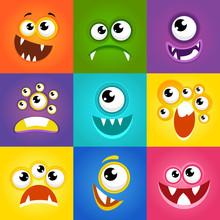 Monster Expressions. Funny Cartoon Faces Vector