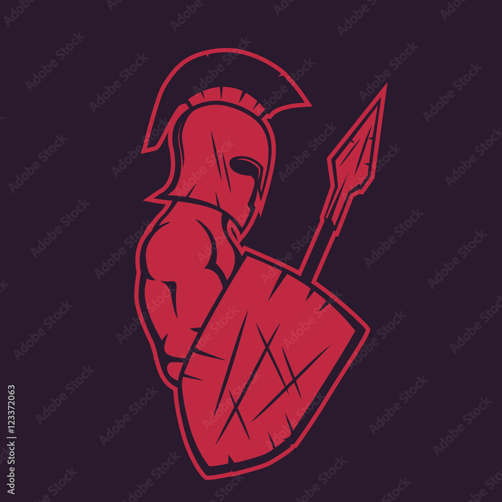 spartan with shield and spear, gladiator in helmet, vector illustration ...