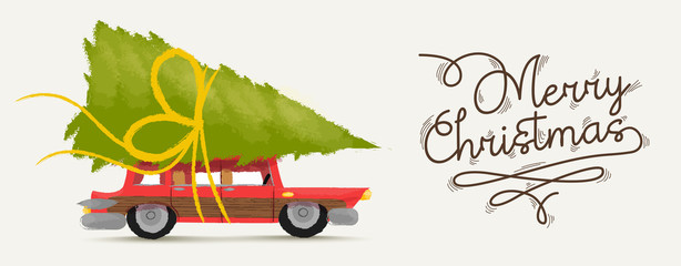 Merry christmas illustration of retro holiday car