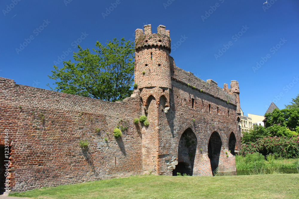 Medieval rampart with towers spanning a river Stock Photo | Adobe Stock