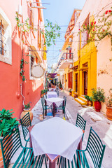 Wall Mural - Colorful street with traditional restaurants in Rethimno, Crete, Greece