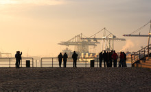 View Of Hamburg Harbour At Dawn, Germany.