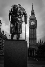 B&W Winston Churchill In Parliament Square And Big Ben