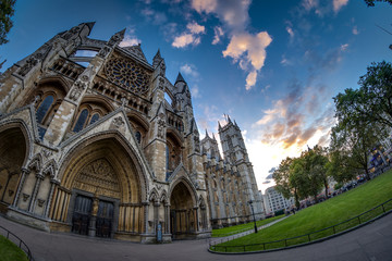 Wall Mural - Wide angle view of Westminster Abbey at sunset