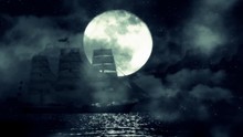 A Sailing Ship On A Full Moon Night Moves Slow Between The Waves And Fog