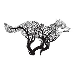 Wolf run silhouette double exposure blend tree drawing tattoo vector