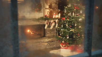 christmas tree scene through frozen window