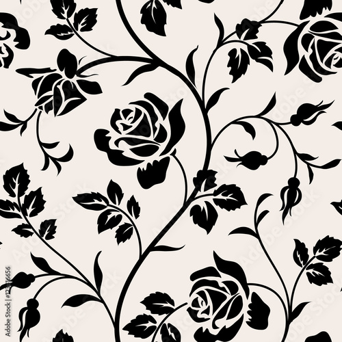 Obraz w ramie Vintage wallpaper with blooming roses and leaves.Floralm seamless pattern. Decorative branch of flowers. Black silhouette on white background