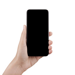 Wall Mural - Isolated female hand holding a cellphone with clipping path