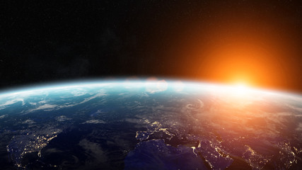 Leinwandbilder - Sunrise over planet Earth in space 3D rendering elements of this
