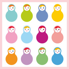 Russian dolls matryoshka on white background, pastel colors, square Card design. Vector