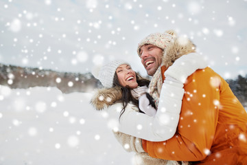 Poster - happy couple hugging outdoors in winter