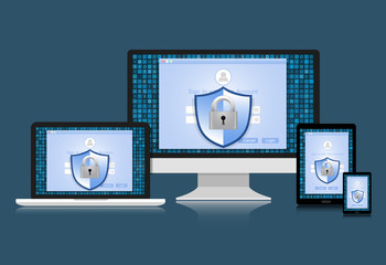 Concept is data security. Shield on computer ,Laptop, Tablet and