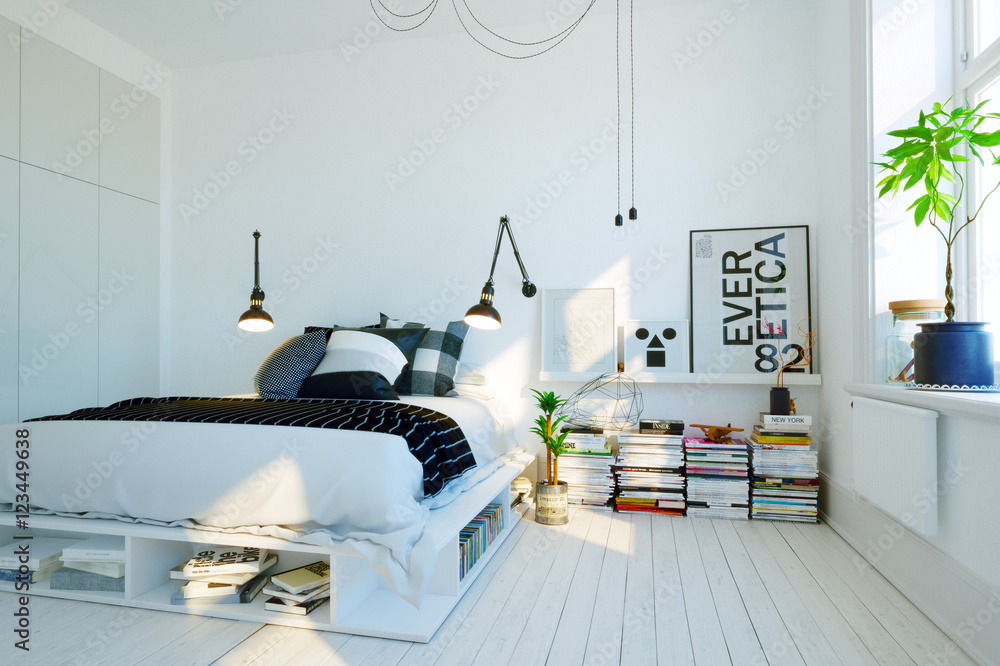 modernes, skandinavisches Schlafzimmer - modern swedish scandinavian style bedroom - obrazy, fototapety, plakaty 