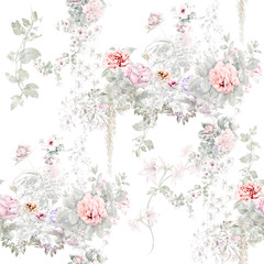  Watercolor painting of leaf and flowers, seamless pattern on white background