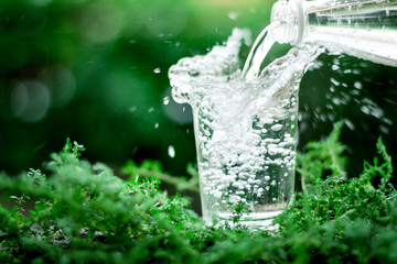 Wall Mural - a glass of cool fresh water on natural green background