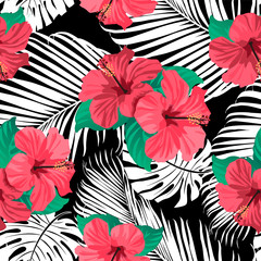 Tropical flowers and palm leaves on background. Seamless. Vector pattern.