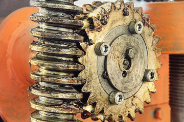 Gear wheel, cogs and screw of industry machine taken closeup.