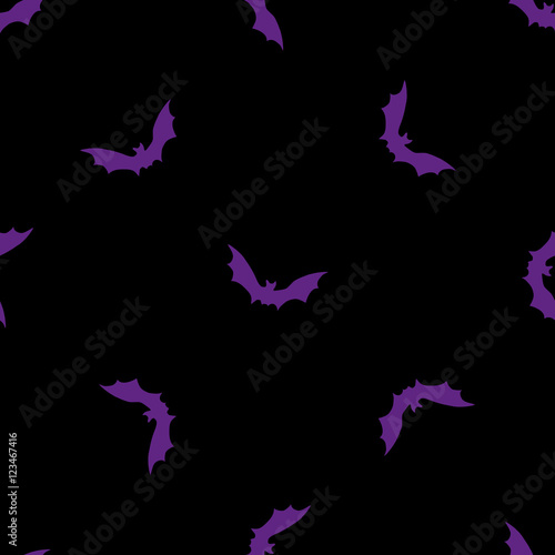 Purple bats abstract seamless pattern on black background. Stock Vector