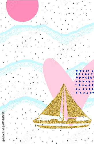 Abstract print with geometrical colorful elements on white background