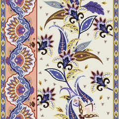  India paisley ornamental pattern. Seamless floral border. Decorative motif for wrapping, wallpaper, fabric