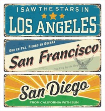 Vintage Tin Sign Collection With USA Cities. Los Angeles. San Francisco. San Diego. Retro Souvenirs Or Postcard Templates On Vintage Background.