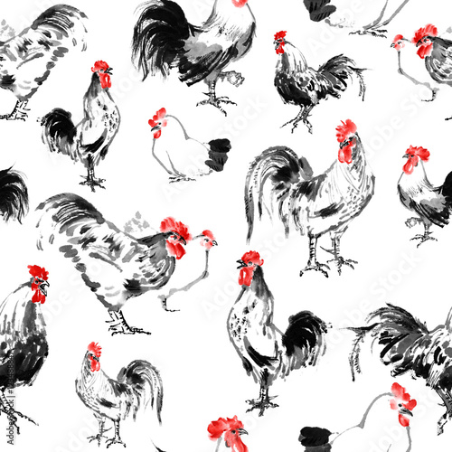 Seamless Pattern With Roosters And Hens Oriental Ink Painting