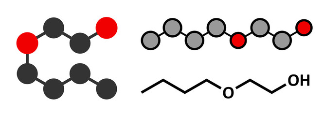 Poster - 2-butoxyethanol molecule. Stylized 2D renderings and conventional skeletal formula. Used as solvent and surfactant.