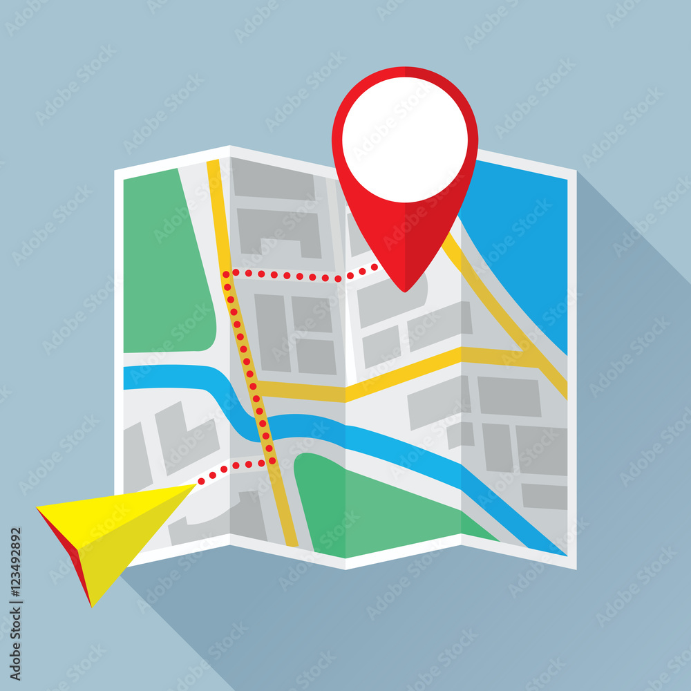 Folding paper city map with location mark, navigation pointer and route ...