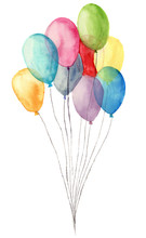 Watercolor Air Balloons. Hand Painted Illustration Of Blue, Pink, Yellow, Purple Balloons Isolated On White Background. Party Or Greeting Object